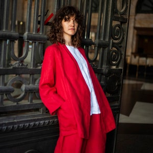 Blazer feminino de linho lavado, Jaqueta feminina oversized de linho, Jaqueta vermelha elegante de linho, Blazer feminino estilo japonês UMA