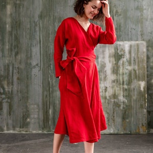 Linen wrap dress with long sleeves, Belted dress with full circle skirt, Knee length midi dress CHO