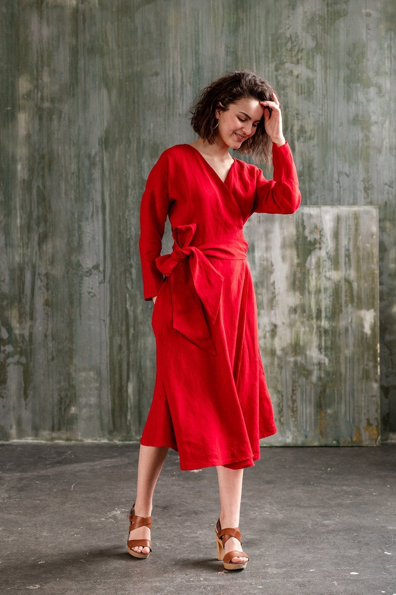 Linen wrap dress with long sleeves, Belted dress with full circle skirt, Knee length midi dress CHO