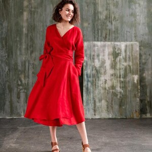 Linen maxi sundress women with full skirt, Linen long wrap dress with long sleeves CHO, A skirt dress, Belted dress. image 4