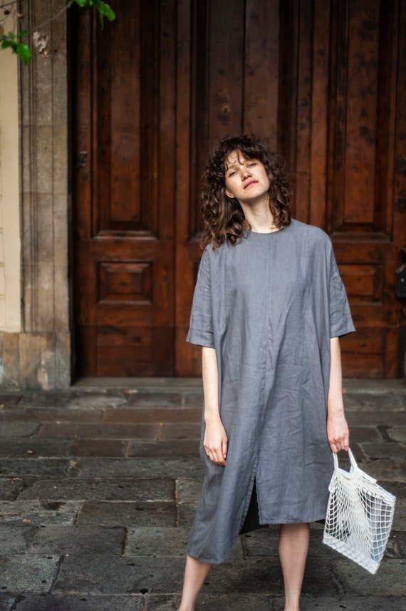 Asymmetric oversized linen dress, linen summer dress, short sleeves linen dress, casual linen outfit Asymmetric oversized linen dress, linen summer dress, short sleeves linen dress, casual linen outfit