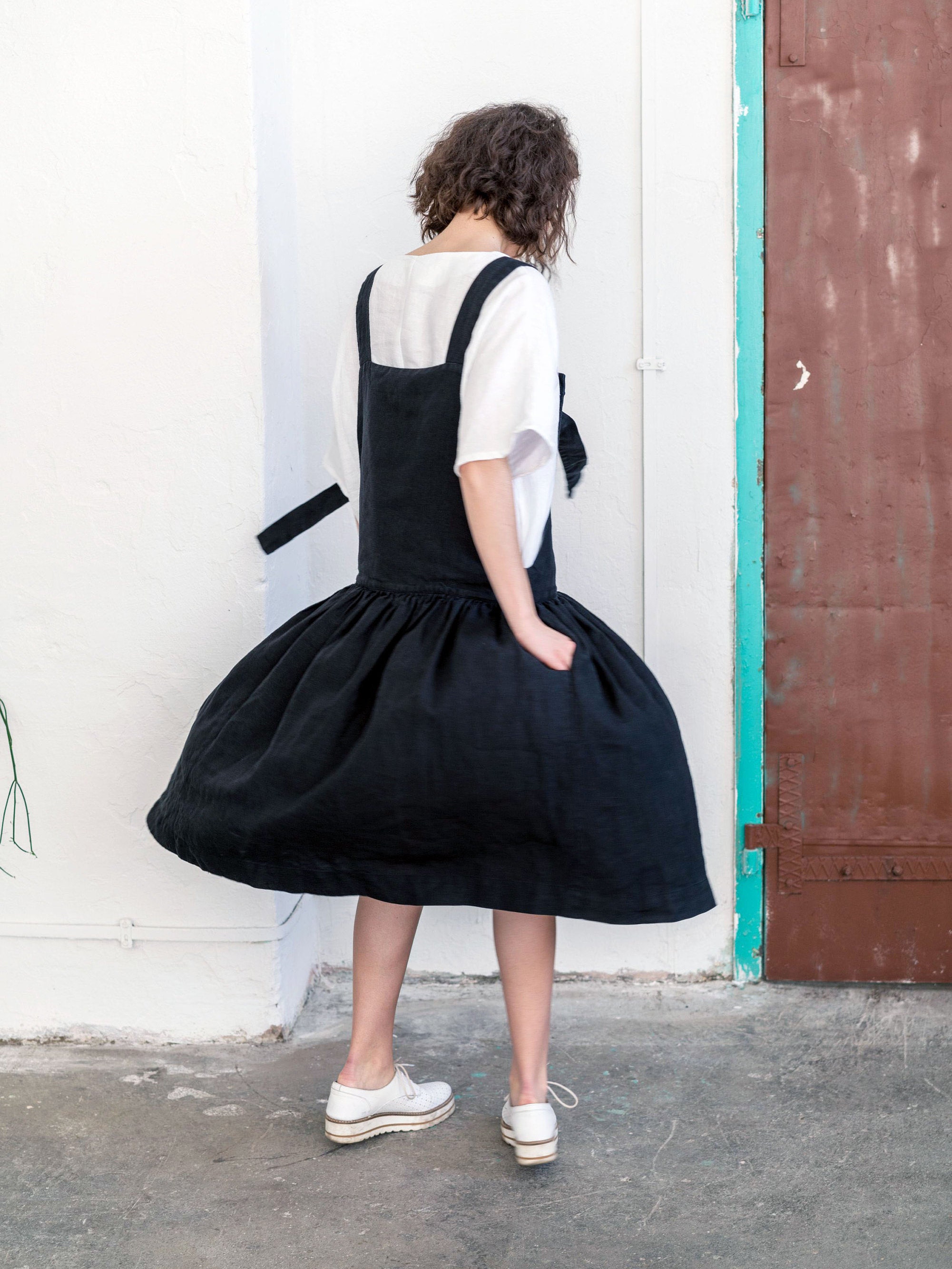 Japan Style Apron Linen Dress, Maternity Linen Dress, Black Linen