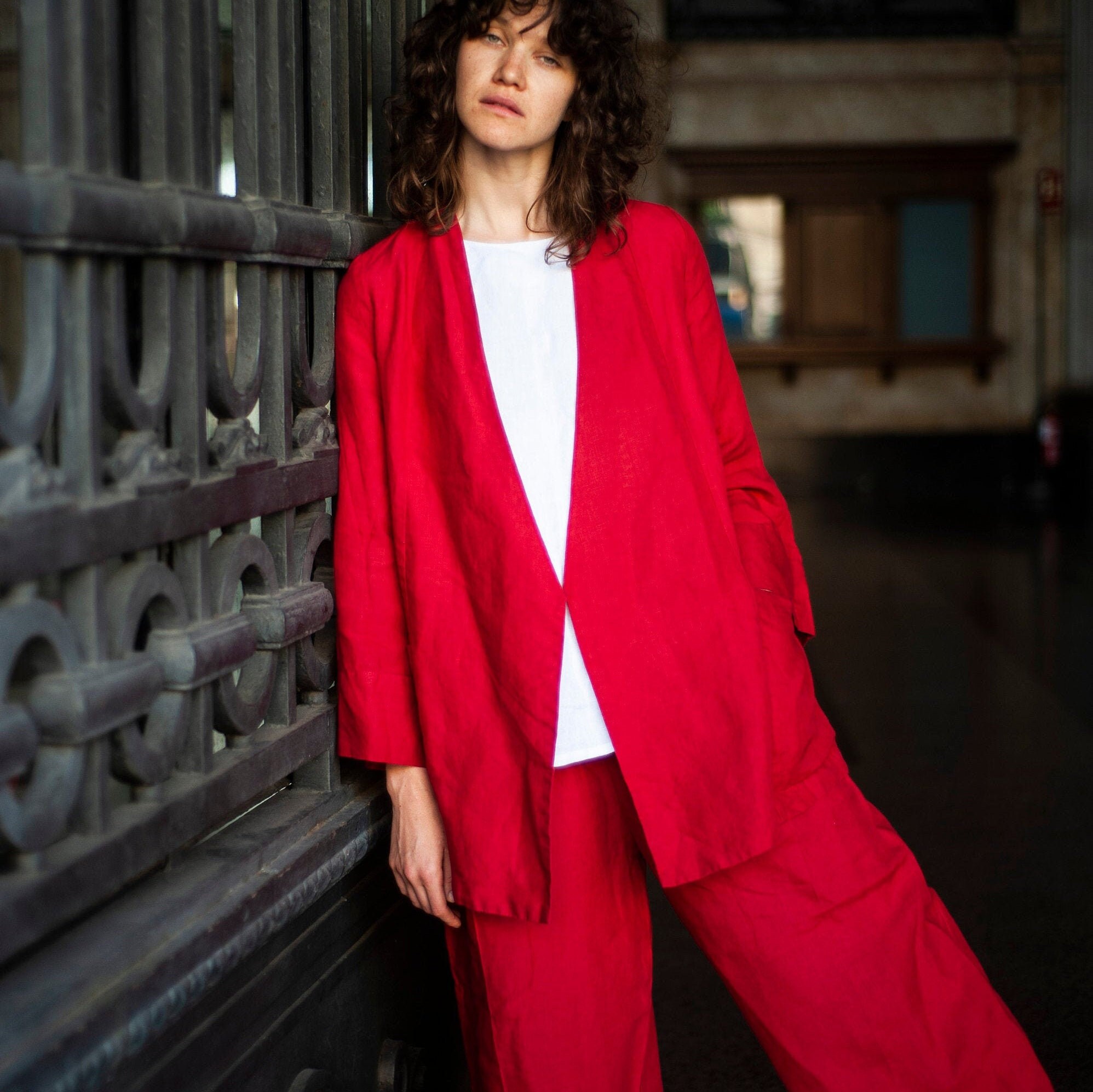 Washed Linen Blazer Womens Oversized 