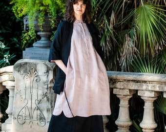 Oversized linen tunic, Women's linen dress with kimono sleeves,  Minimalist linen dress with pockets, Maternity dress - AIMI