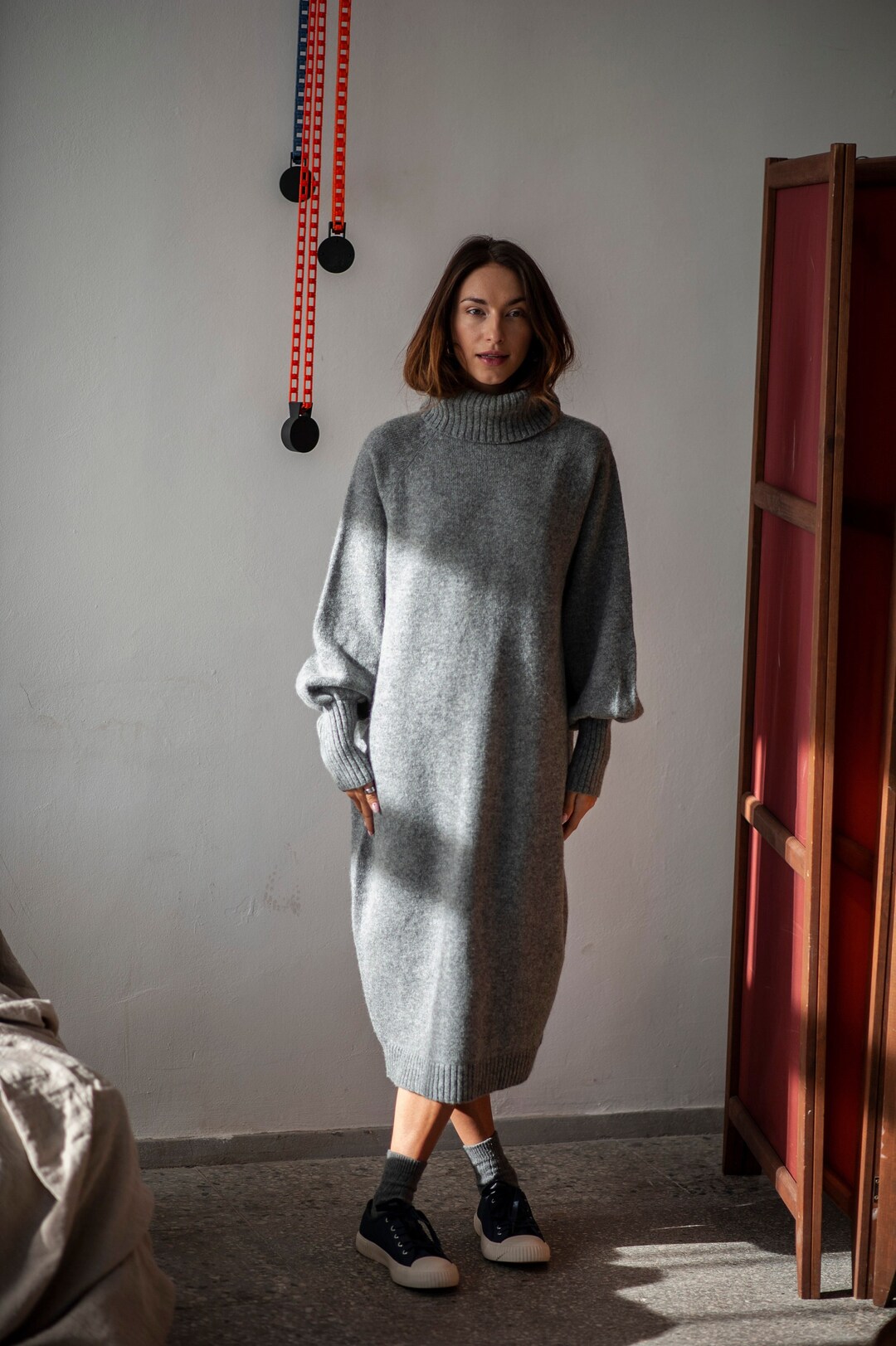 Grey Knitted Wool Dress With Puff Sleeves, Merino Wool Sweater Dress