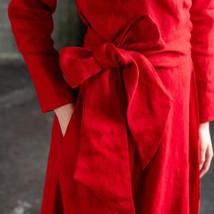 Linen wrap dress with long sleeves, Belted dress with full circle skirt, Knee length midi dress CHO