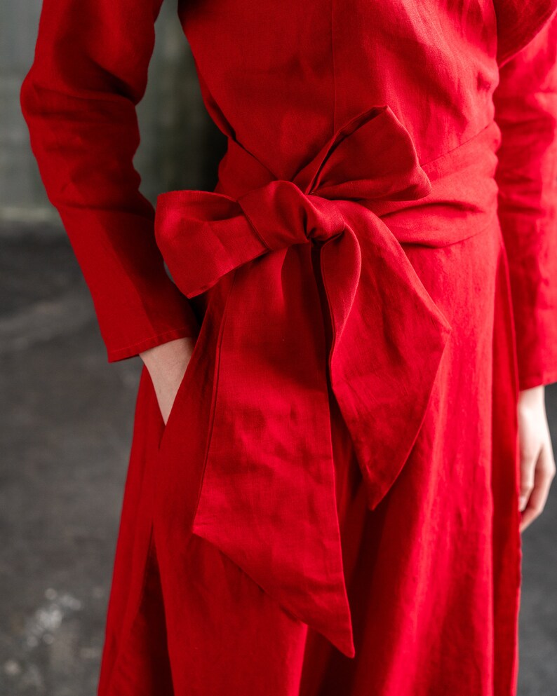 Linen wrap dress with long sleeves, Belted dress with full circle skirt, Knee length midi dress CHO