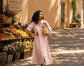Linen Maxi Dress for Women, Button Front Linen Dress, Short Sleeve Maxi Dress, Flare Linen Dress, Summer Linen Dress, Midi Capsule Wardrobe