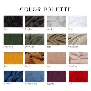 May include: Colour palette chart with 16 fabric swatches. The swatches are arranged in four rows of four. The colours are black, dark grey, light grey, white, forest green, olive green, beige, natural linen, ochre, camel, latte, dusty rose, dark blue, cornflower blue, burgundy, and red.