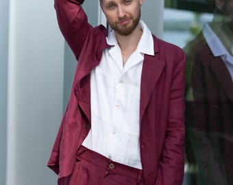 Men's burgundy linen blazer with shoulder pads, Summer linen blazer, Best man's suit, Beach wedding outfit for men