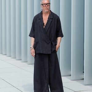 Unisex linen two-piece ensemble featuring kendo style blazer and wide-leg pants