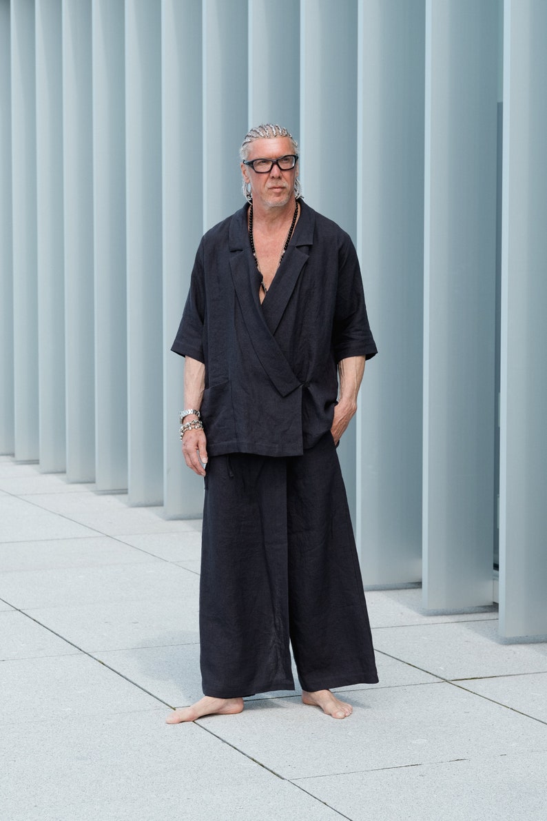 Unisex linen two-piece ensemble featuring kendo style blazer and wide-leg pants