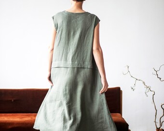 Sleeveless linen dress, Midi A-line linen dress, Medium length linen dress with a crew neckline - HARMONY