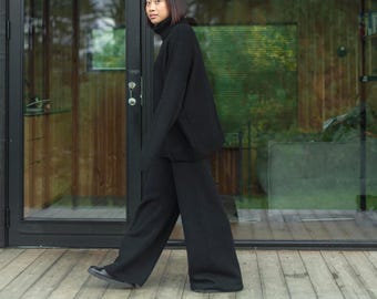 Black Merino Wool Knit Lounge Pants, Wide Leg, Elastic Waist