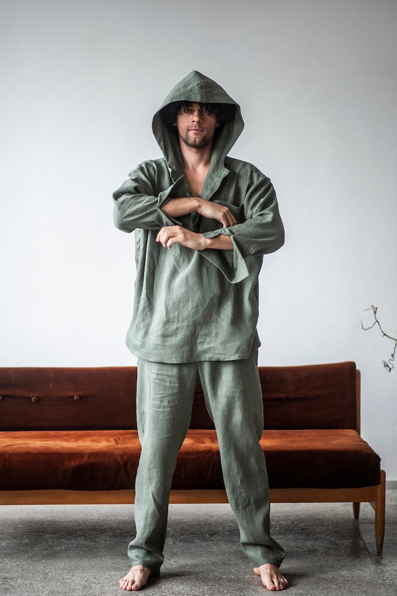 Linen yoga suit for men, hooded jacket, loose fit pants,  tracksuit for men, lounge set, 2 piece men linen set