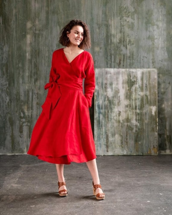 Buy Linen Wrap Dress With Long Sleeves Belted Dress With Full Circle Skirt Knee Length Midi Dress CHO Online in India Etsy