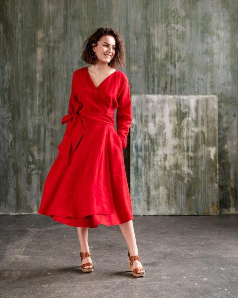 Linen wrap dress with long sleeves, Belted dress with full circle skirt, Knee length midi dress CHO image 1