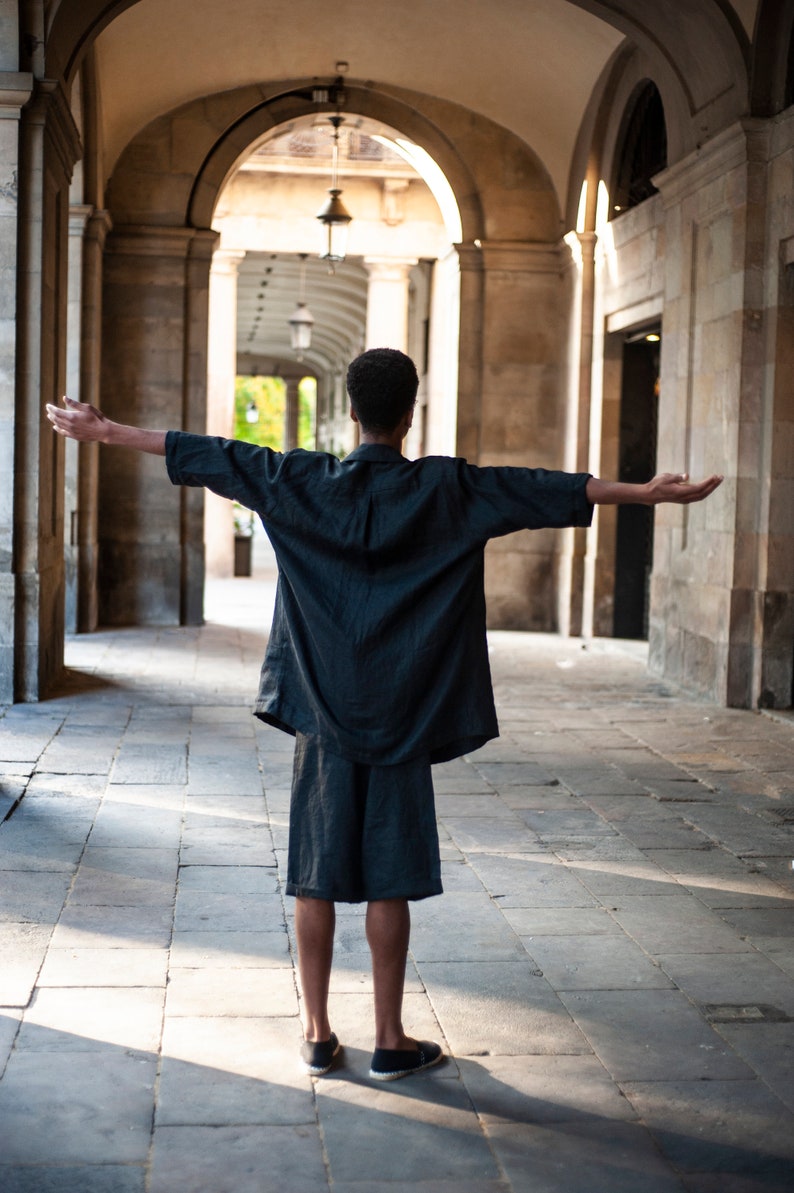 Linen jacket and shorts from the back