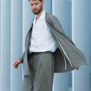 Oversized olive green linen blazer for men, Boho style jacket