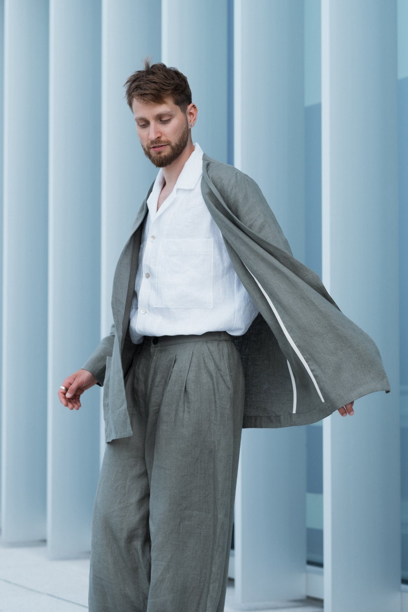 Oversized olive green linen blazer for men, Boho style jacket