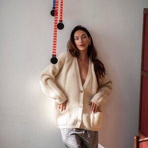Women's merino wool jumper, Grey wool jumper, Oversized wool sweater, V-neck jumper for women Milk white (undyed)