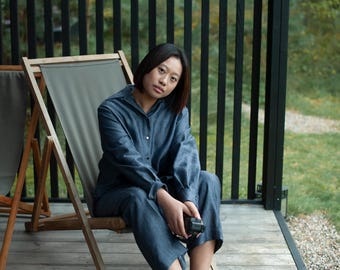 Women's 2-piece linen set - Casual denim blue linen shirt and pants - Breathable summer linen top and pleated pants