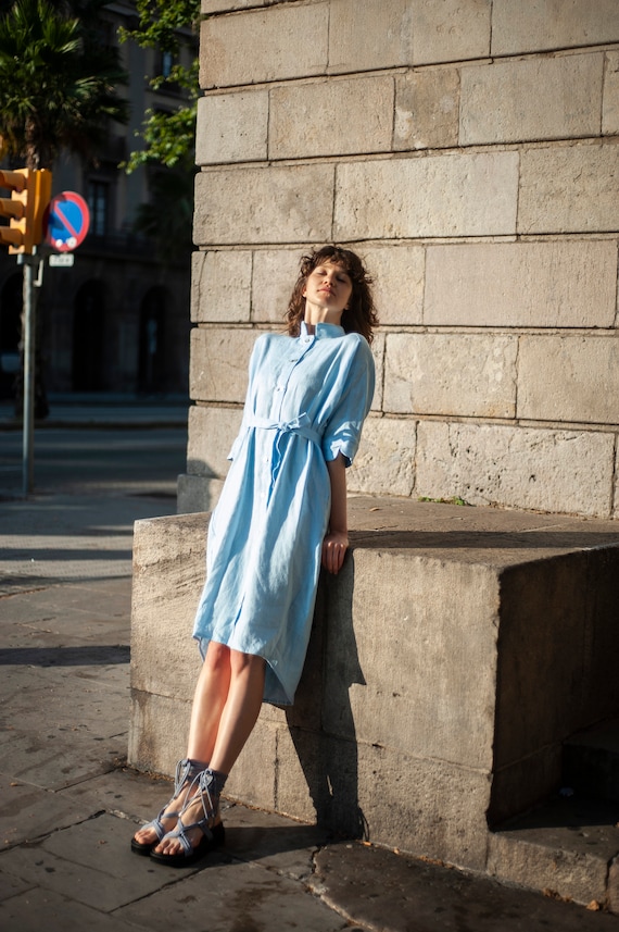 linen shirt dress knee length Linen Button-up Shirt Dress With Short Kimono Sleeves, Knee-length Shirt  Dress With Waist Tie, Stand-up Collar Linen Dress