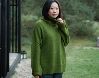 Oversized Merino Wool Turtleneck Sweater,Moss Green Knit Merino wool Jumper,Women's men's  wool relax fit tunic sweater loungewear