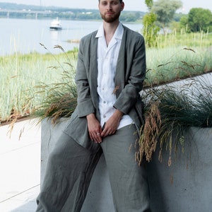 Oversized olive green linen blazer for men, Boho style jacket