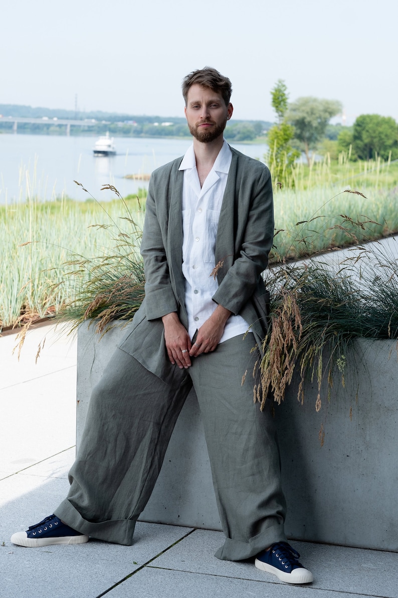Oversized olive green linen blazer for men, Boho style jacket