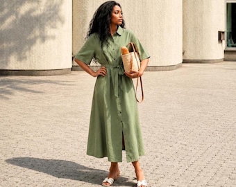 Linen Maxi shirt  Dress for Women in olive green, Button Front Dress, Short Sleeve Dress, Flare Dress, Summer Linen Dress, Capsule Wardrobe