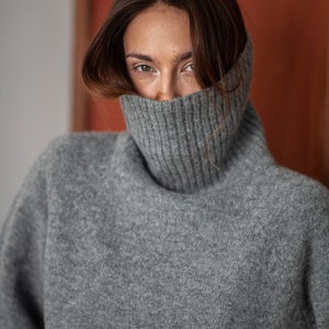 Oversized Merino Wool knitted Turtleneck Sweater Dress, Grey Knit Balloon Sleeve tunic