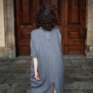 Linen loose fit midi lengths dress, summer asymmetric tunic with sleeves, Minimalistic style