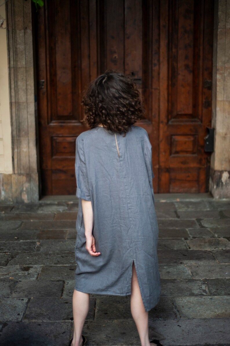 Linen loose fit midi lengths dress, summer asymmetric tunic with sleeves, Minimalistic style