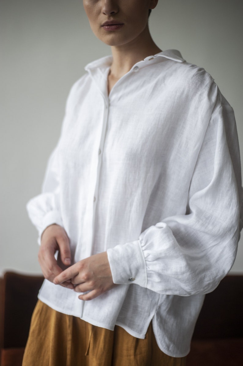 White puff sleeves women shirt, long sleeves linen shirt, classic flax clothing, loose fit shirt EMILY