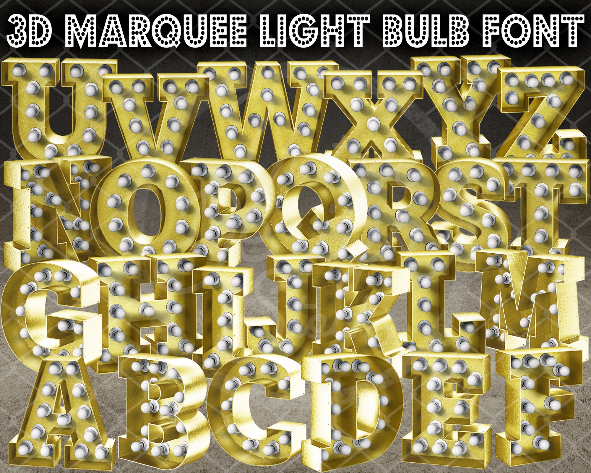 3D Marquee Light Bulb Font Metallic Gold Retro Style PNG Alphabet A-Z