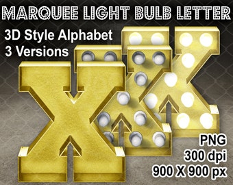 3D Marquee Light Bulb Letter "X" Digital Download PNG Gold Retro Font 3 Versions