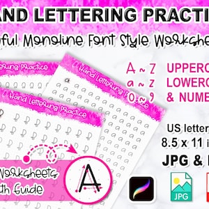 Playful Monoline Lettering Worksheets Hand-lettering Uppercase Lowercase and Numbers Practice Sheets with Guide