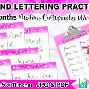 12 Months January to December Hand-lettering Practice Sheets Sweet Stroke Modern Calligraphy Lettering Worksheets