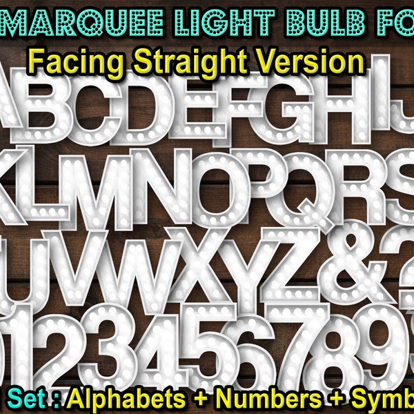 Straight Style White 3D Leuchtende Marquee Glühbirne Schriftart PNG Alphabet A-Z 0-9 und Symbole Sublimation Clip Art