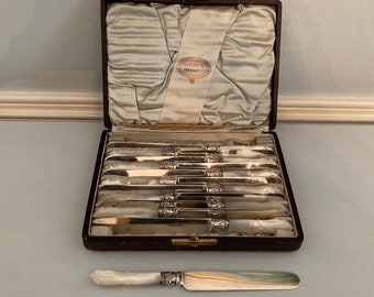 Antique Silverplate Fruit Knives Set: Mother of Pearl Handles, Sheffield England