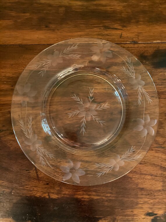 Vintage Etched Glass Salad Dessert Plates Etsy
