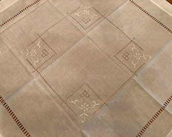 Vintage Unused Cotton Ladder Stitched and Embroidered Tablecloth 41" Square and 4 Matching Napkins
