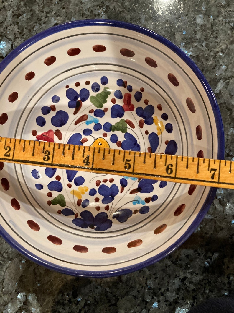 Pode incluir: Uma tigela de cer&acirc;mica branca com uma borda azul e um desenho floral em tons de azul, vermelho, amarelo e verde. A tigela &eacute; decorada com pontos marrons ao redor da borda e tem um di&acirc;metro de aproximadamente 18 cm.
