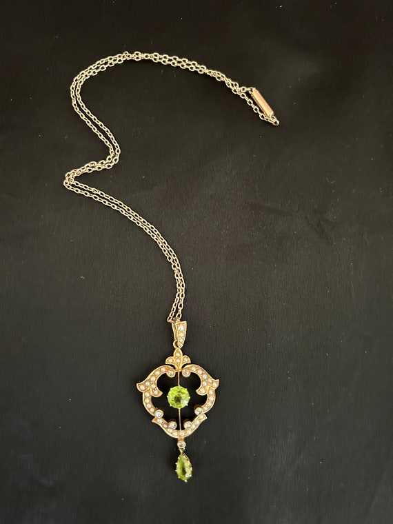 Edwardian Peridot, Seed Pearl, and Diamond Pendant