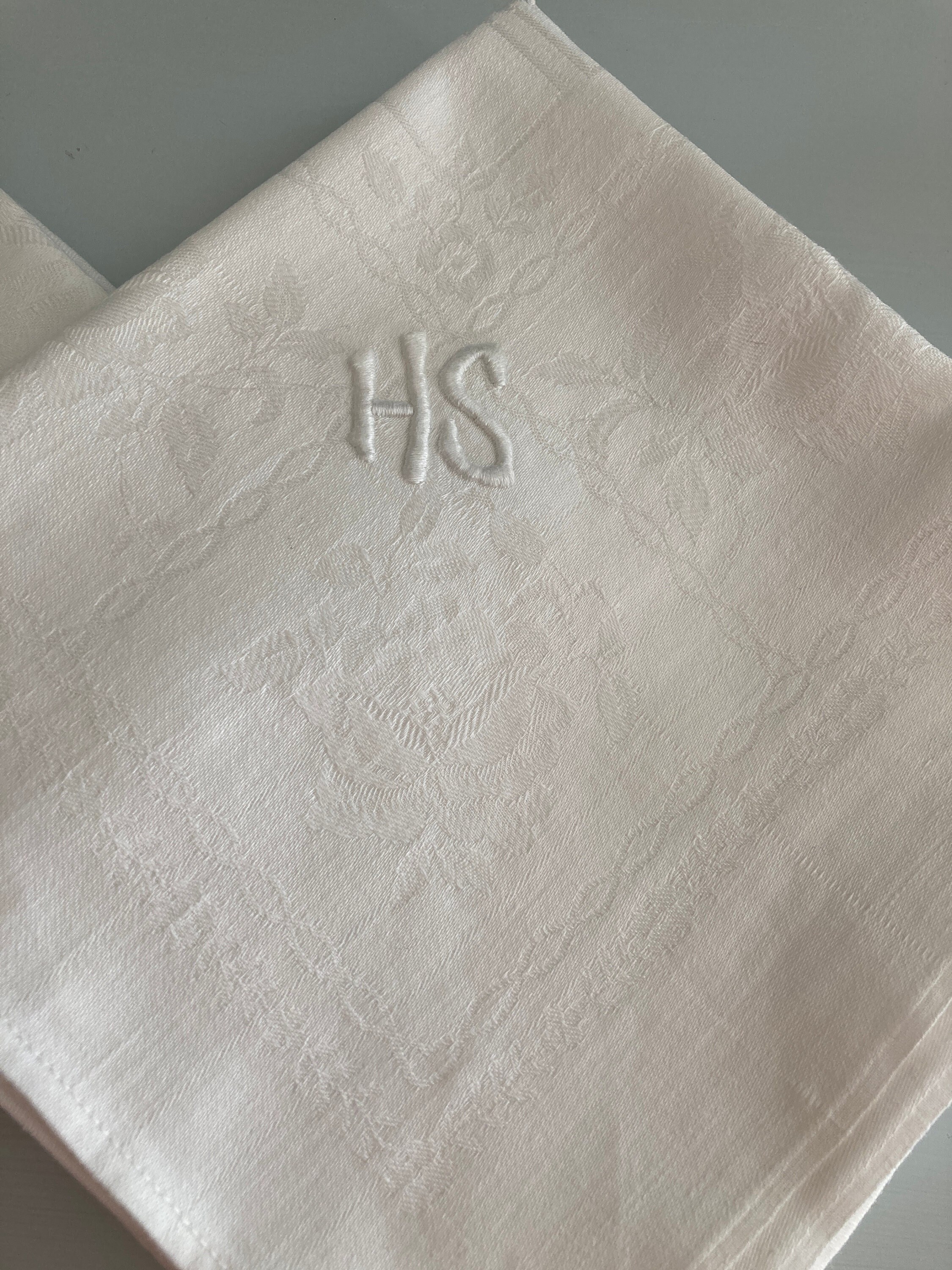 Linen Damask Dinner Napkins Vintage Set of 8 French Monogrammed
