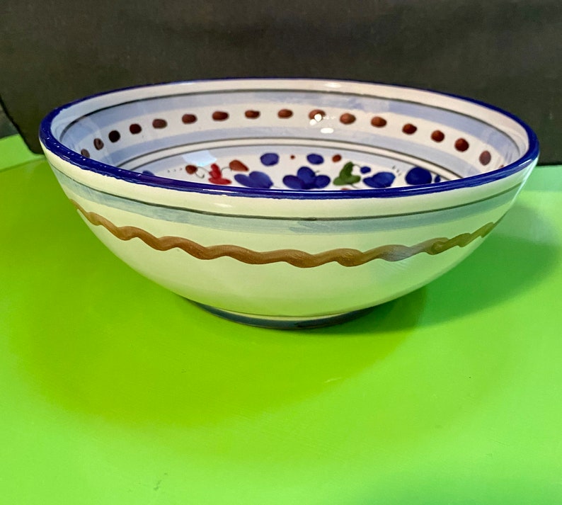 Pode incluir: Uma tigela de cer&acirc;mica branca com uma borda azul e marrom e um desenho floral em azul, vermelho e verde. A tigela est&aacute; sobre uma superf&iacute;cie verde.