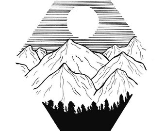 Wave Mountain Printable Wall Art, Black and White Line Drawing Art ...