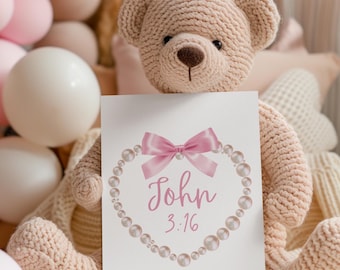 Christian Valentine PNG: Pearl Heart with Pink Bow (Digital Download, PDF, JPG