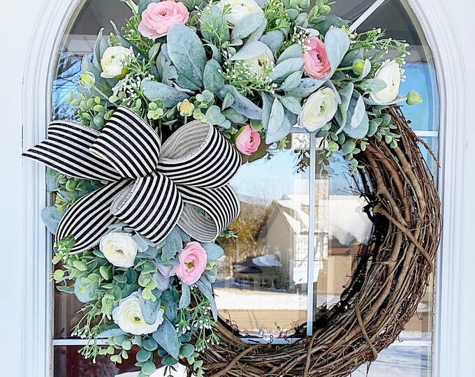 Spring Summer Wreath Lambs Ear With Eucalyptus, White and Pink ...